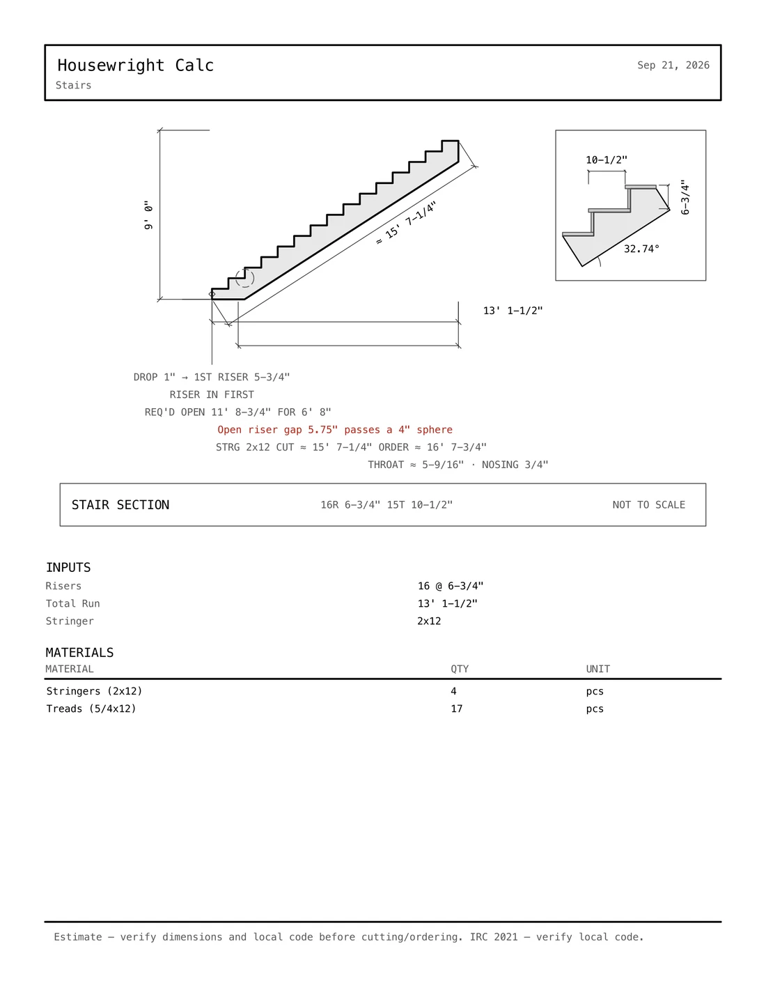 A stair cut sheet exported as PDF: the stringer drawing, inputs and materials