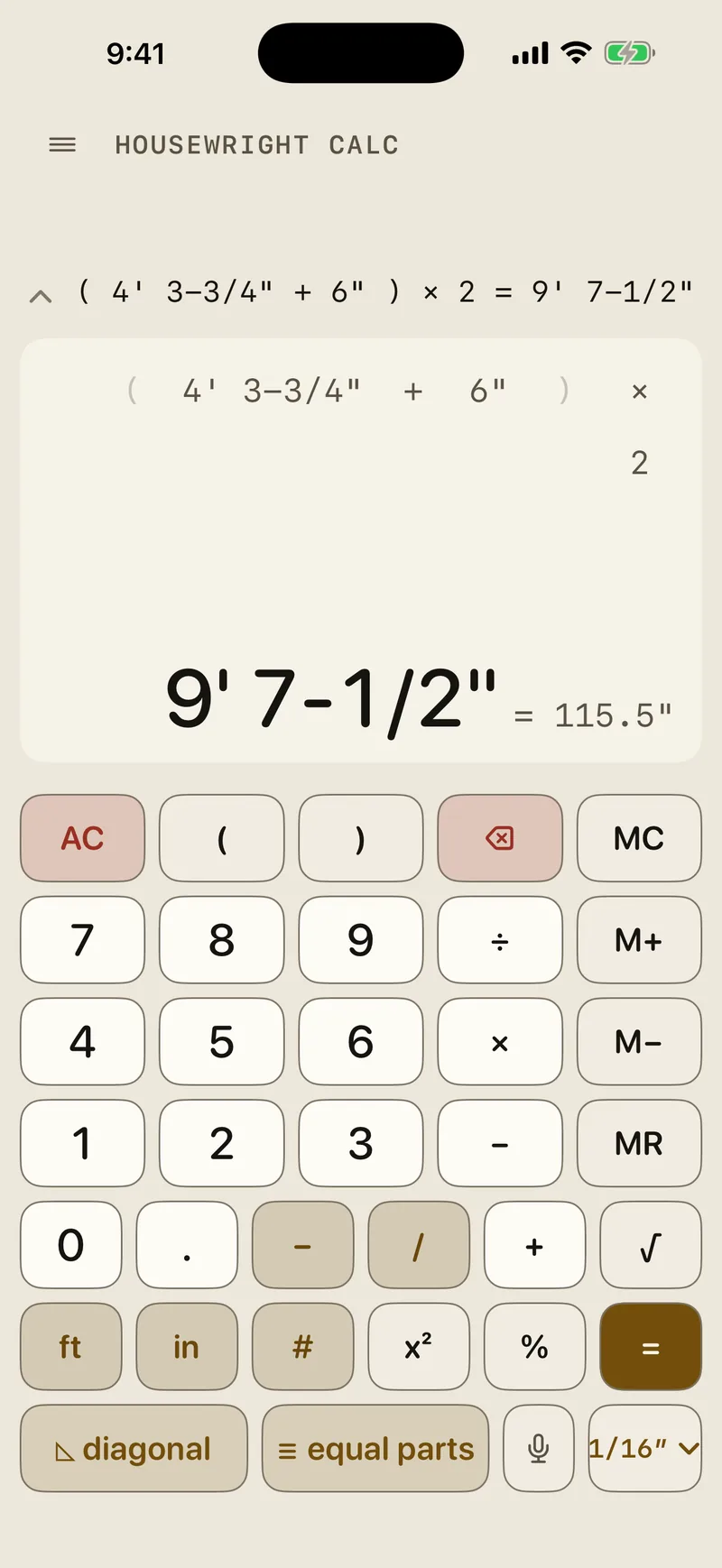 Housewright Calc in Field mode: larger keys on a high-contrast sunlight palette