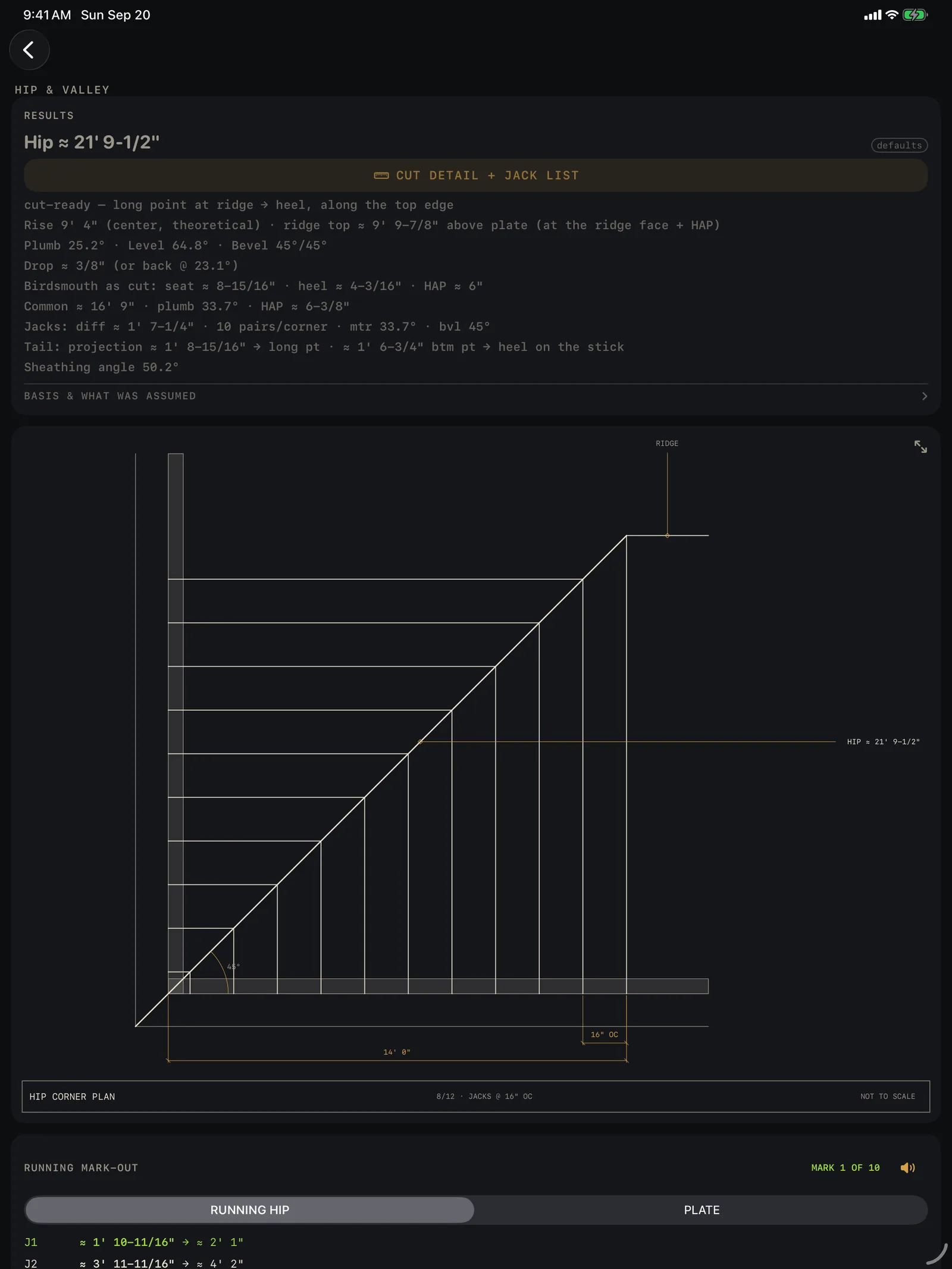 Hip and valley calculator on iPad with the hip corner plan drawn