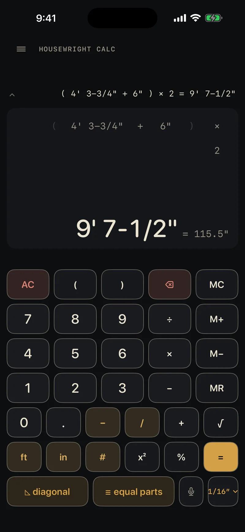 Housewright Calc showing (4 feet 3-3/4 inches + 6 inches) × 2 = 9 feet 7-1/2 inches