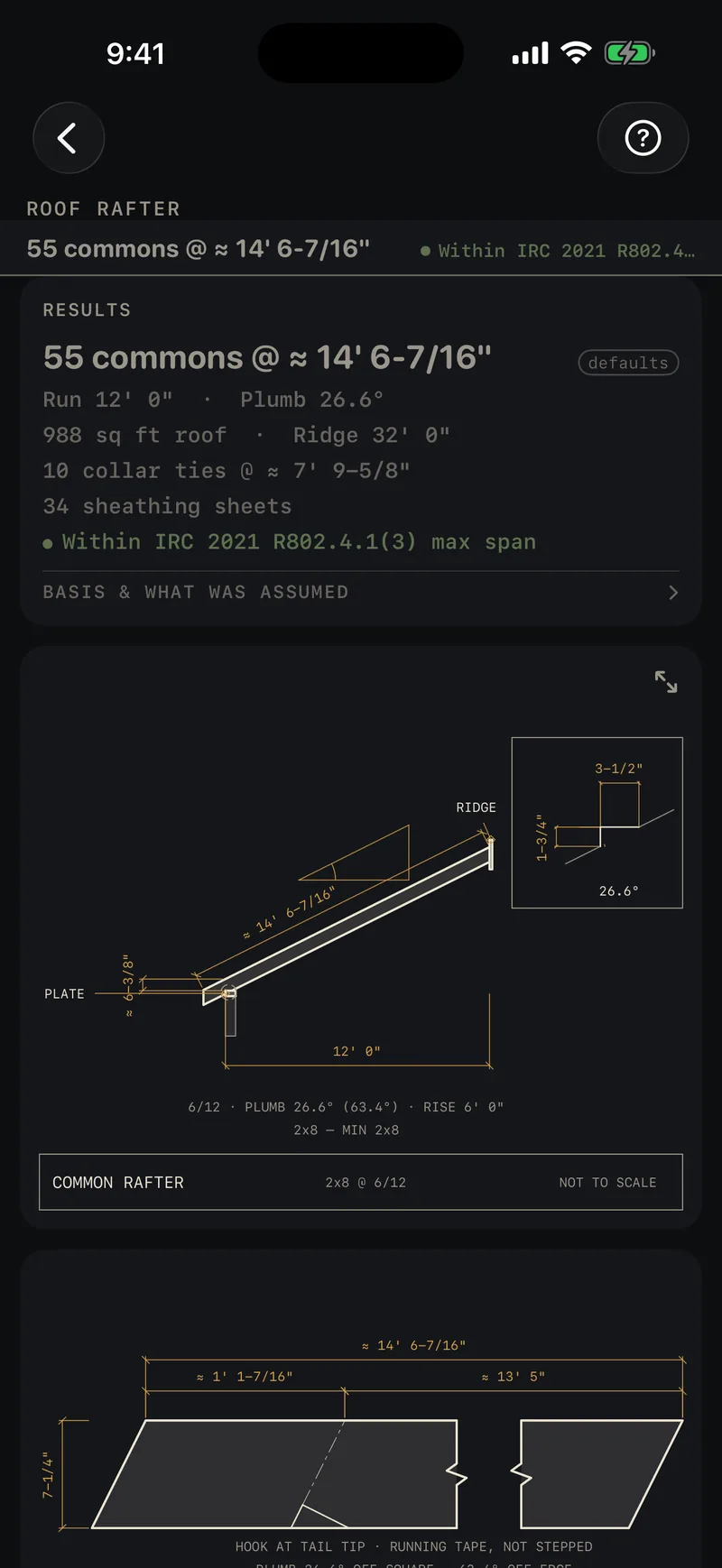 Roof rafter calculator with the rafter elevation and birdsmouth detail