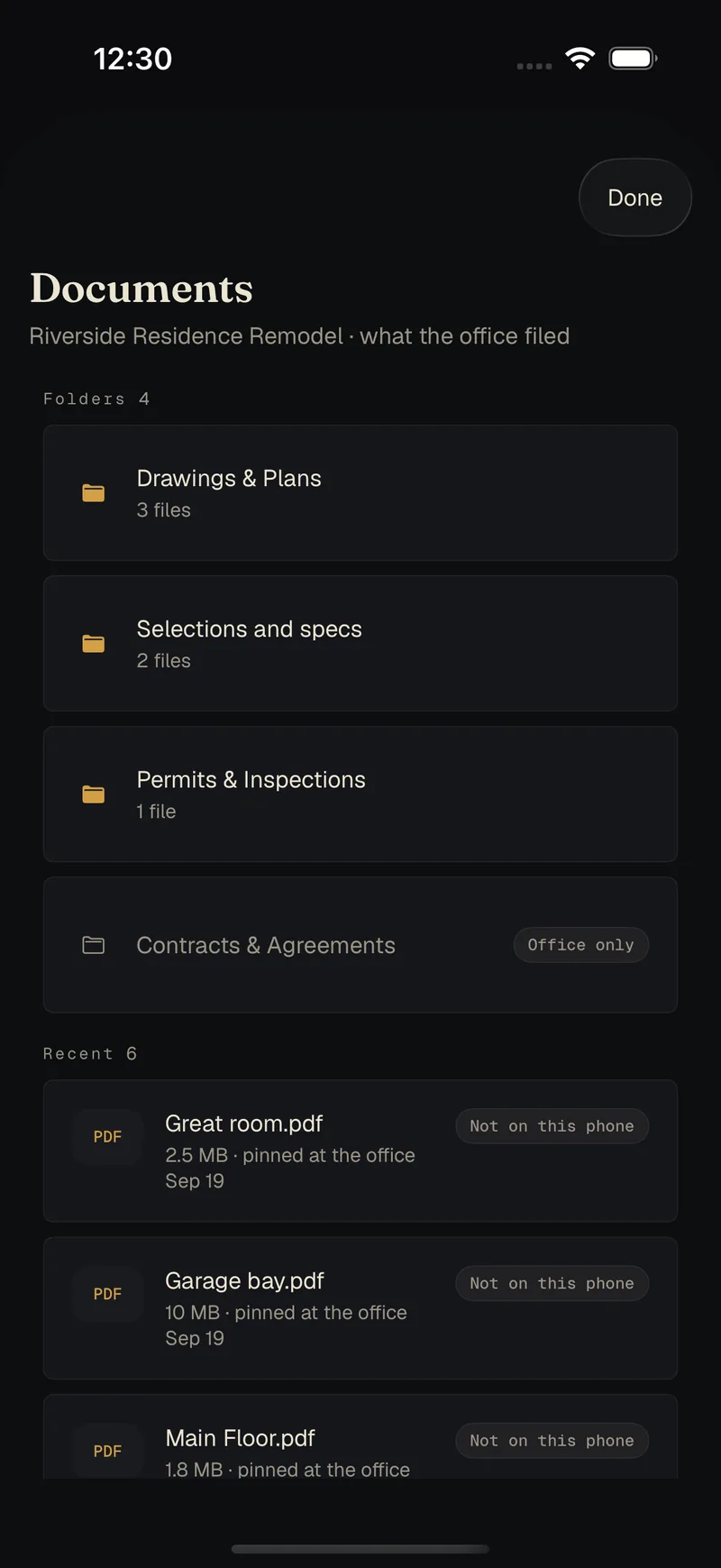 Documents the office filed for the job: drawings, selections, permits