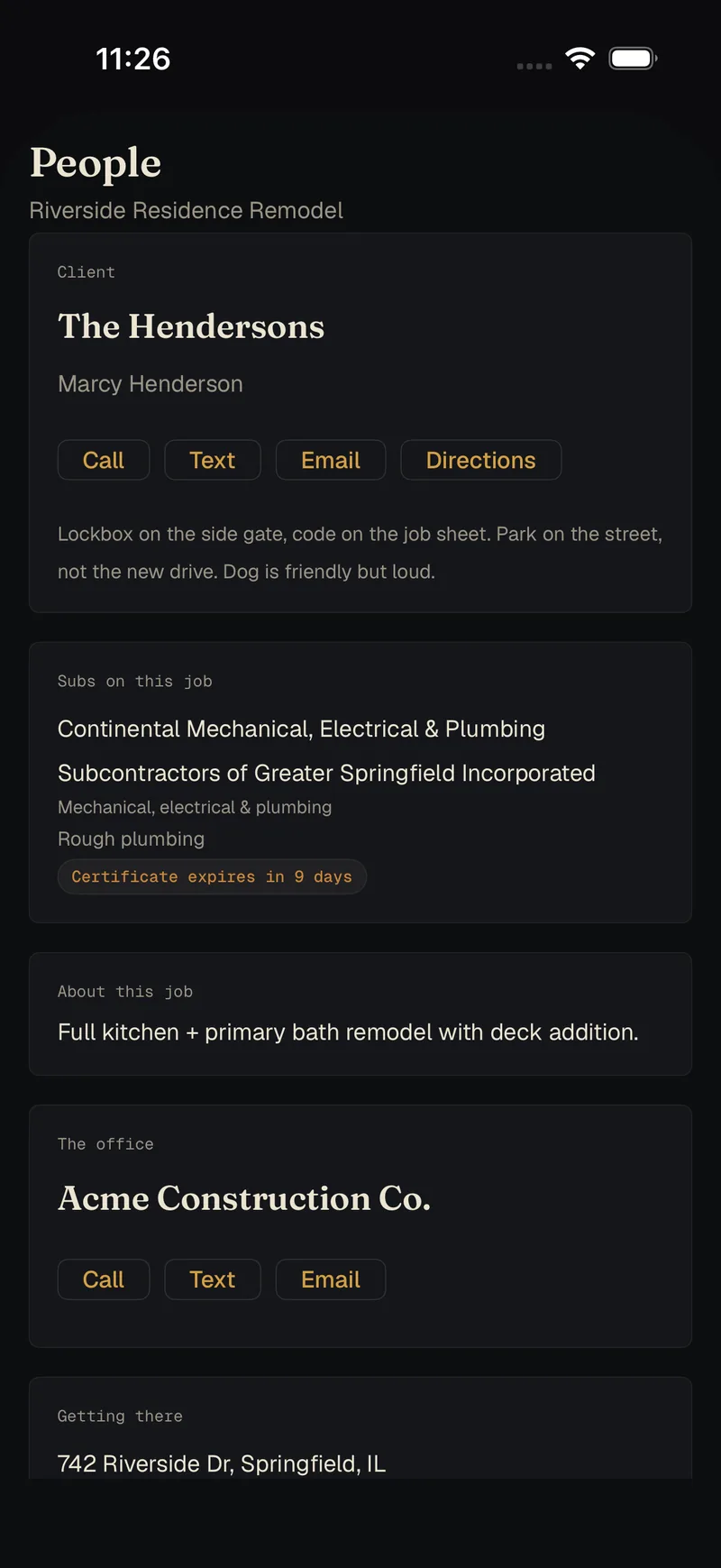 Companion: the people on a job, with call, text and directions