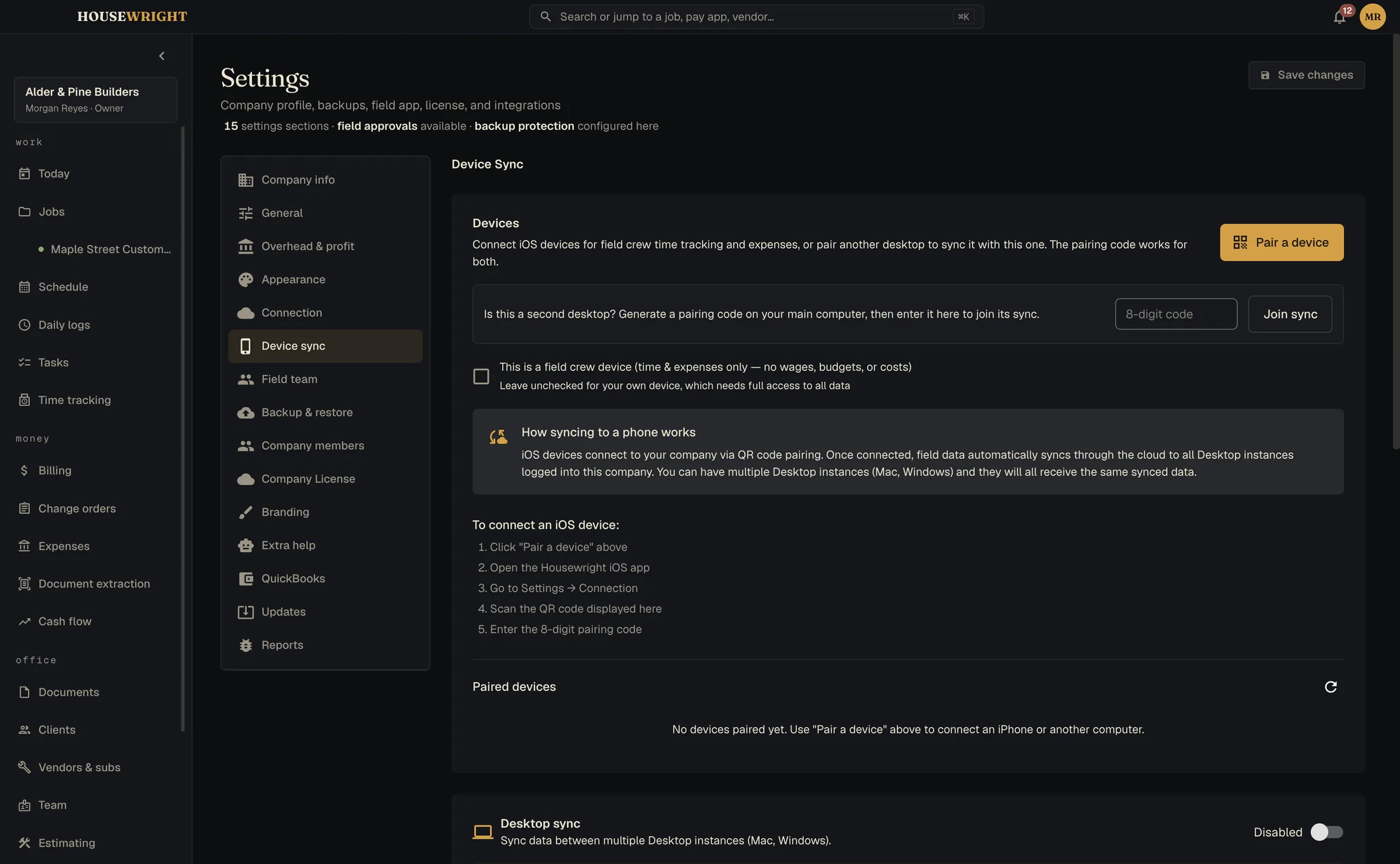 Housewright Desktop's device pairing and sync settings