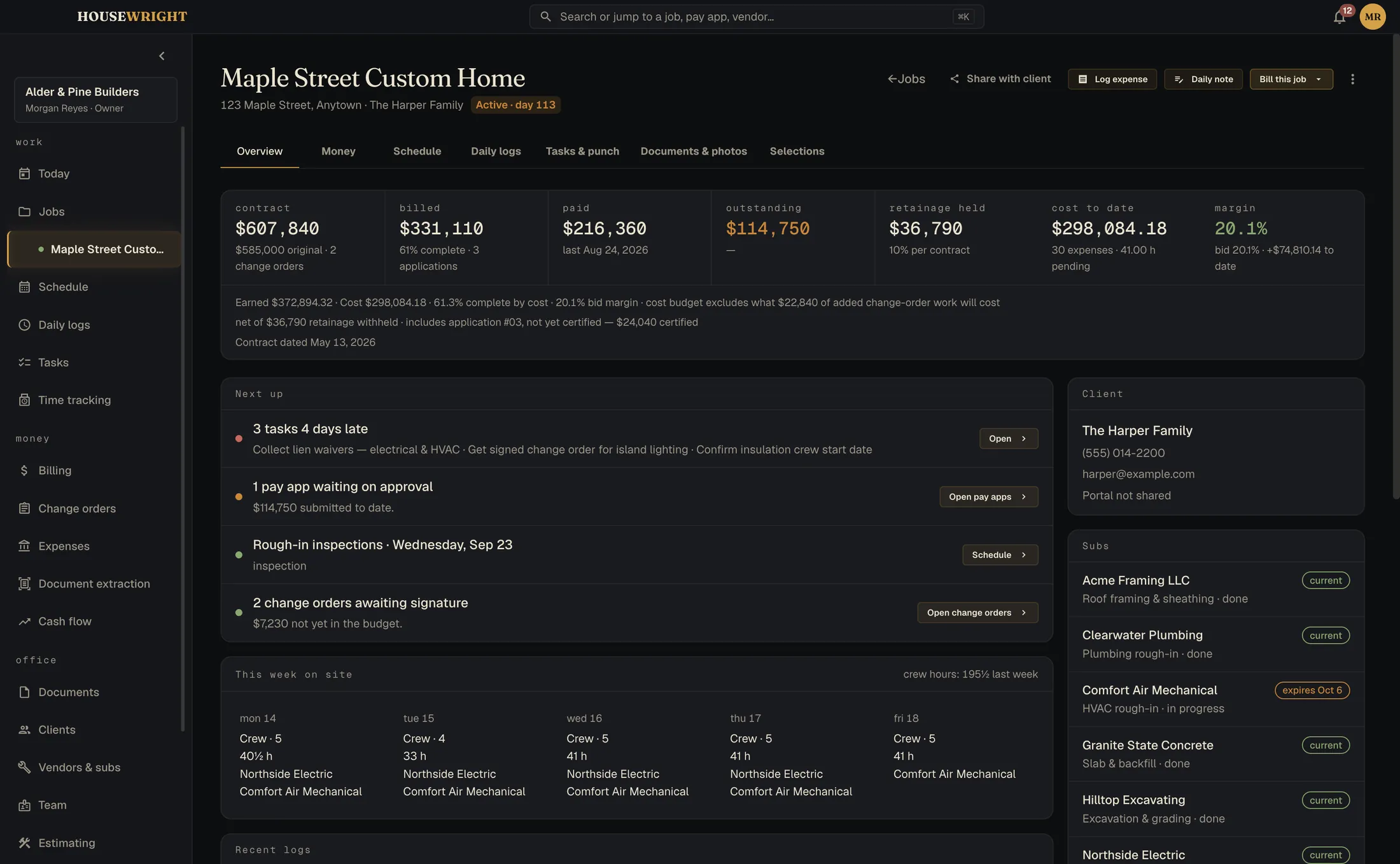Housewright Desktop: a job overview with contract, billing, retainage and what is due next
