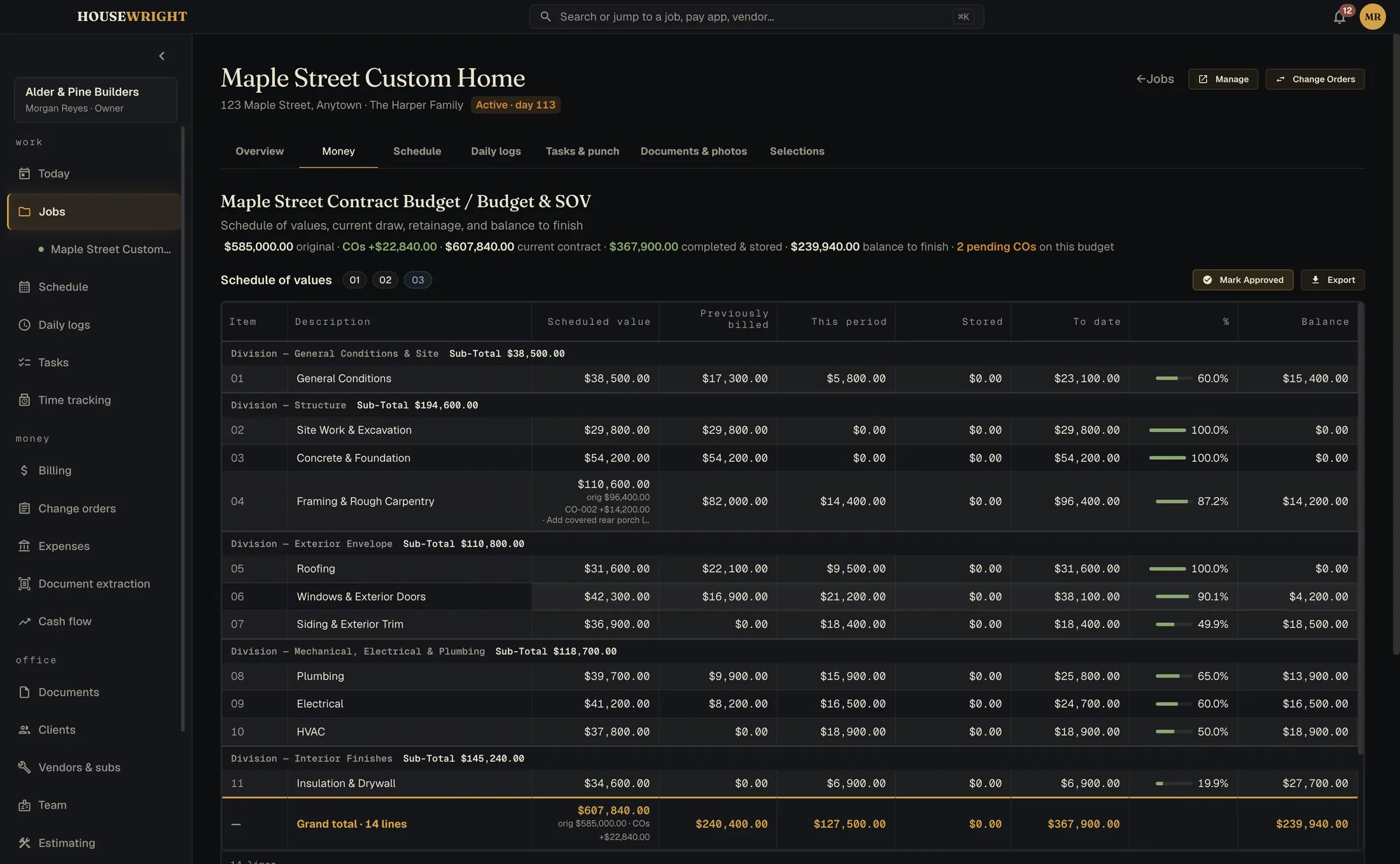 A schedule of values with line items, scheduled value, work completed and balance to finish