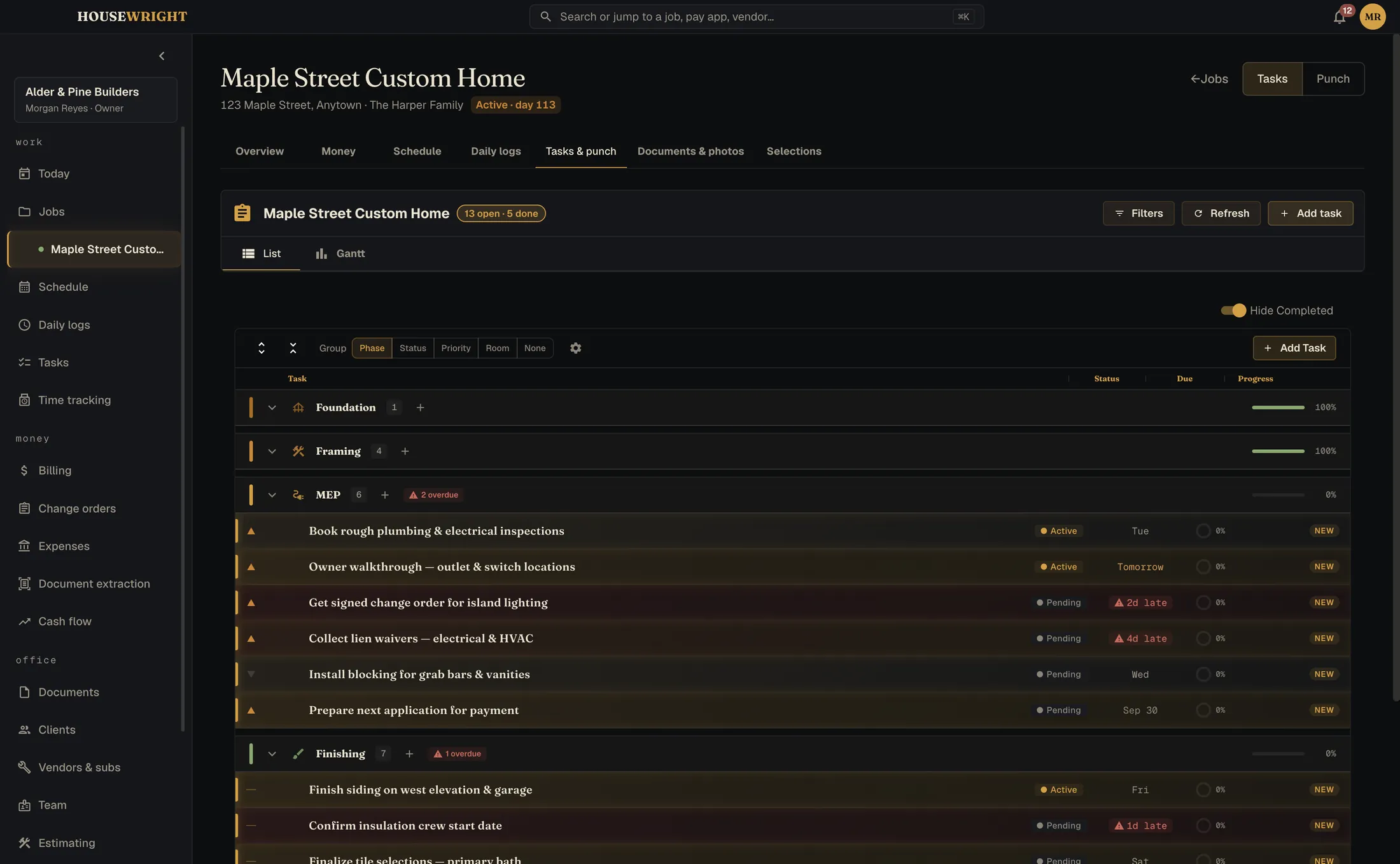 Tasks grouped by phase with assignees, due dates and late flags