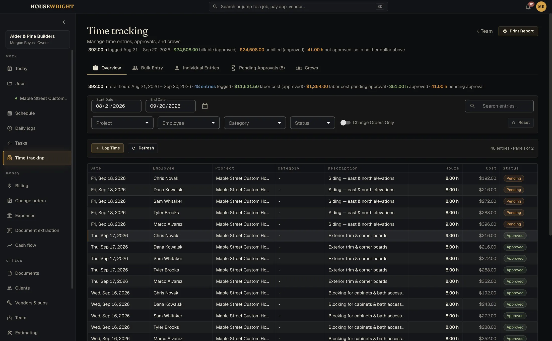 Crew time entries by day with approval status, labor cost and billable value