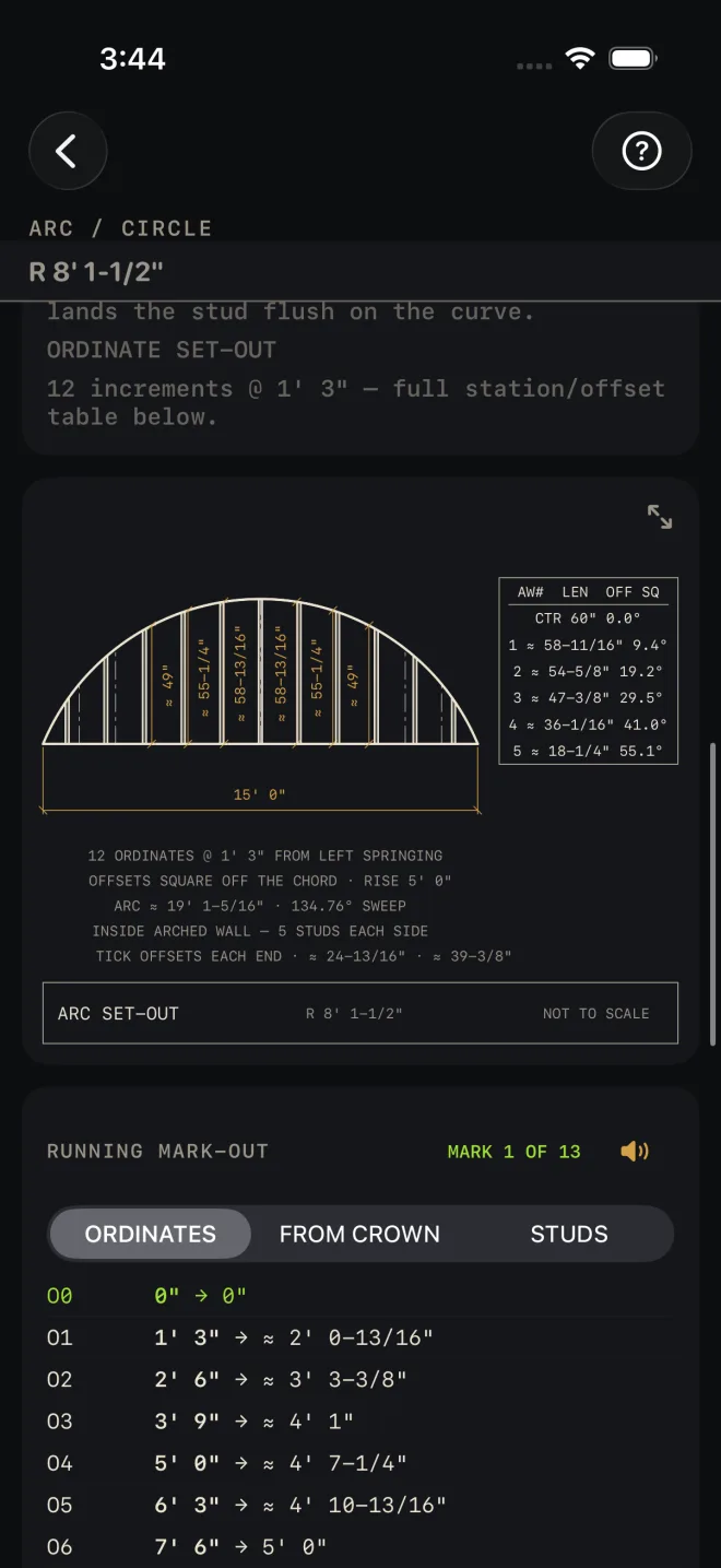 The arc set-out drawing: a segmental arch on a 15' 0" chord with its studs drawn and dimensioned, a table of stud lengths and angles beside it, and notes reading 12 ORDINATES @ 1' 3" FROM LEFT SPRINGING and OFFSETS SQUARE OFF THE CHORD. Below is the RUNNING MARK-OUT card, MARK 1 OF 13, with ORDINATES, FROM CROWN and STUDS tabs and rows O0 0" to 0", O1 1' 3" to about 2' 0-13/16", and on.