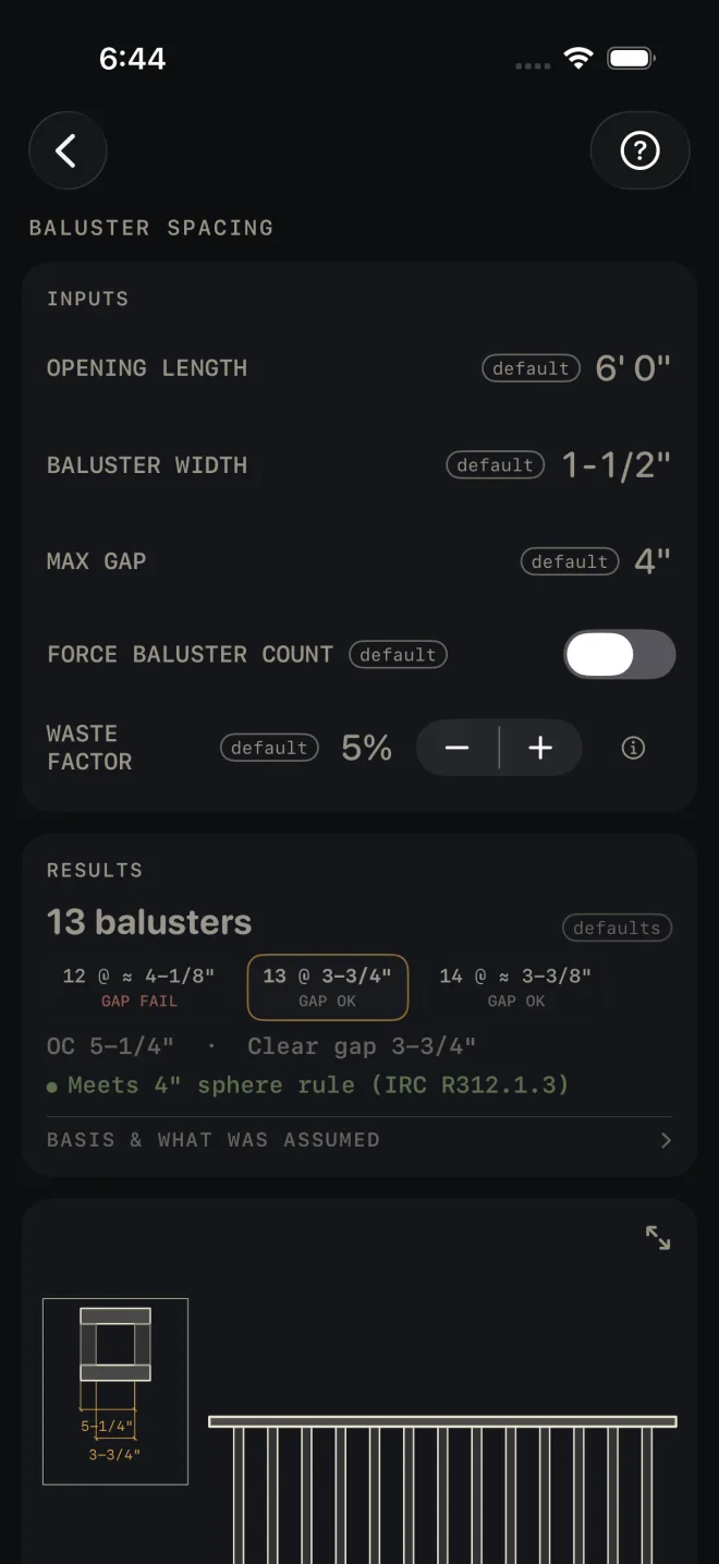 Baluster Spacing inputs: OPENING LENGTH 6' 0", BALUSTER WIDTH 1-1/2", MAX GAP 4", FORCE BALUSTER COUNT off, WASTE FACTOR 5%. Results: 13 balusters, chips 12 @ ≈ 4-1/8" GAP FAIL, 13 @ 3-3/4" GAP OK, 14 @ ≈ 3-3/8" GAP OK, OC 5-1/4", Clear gap 3-3/4", Meets 4" sphere rule (IRC R312.1.3).