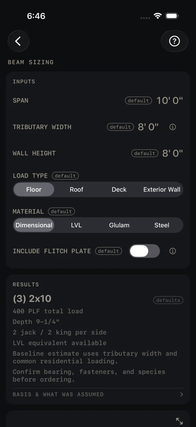 Beam Sizing inputs: SPAN 10' 0", TRIBUTARY WIDTH 8' 0", WALL HEIGHT 8' 0", LOAD TYPE Floor, MATERIAL Dimensional, INCLUDE FLITCH PLATE off, and the result (3) 2x10, 400 PLF total load, depth 9-1/4", 2 jack / 2 king per side, LVL equivalent available