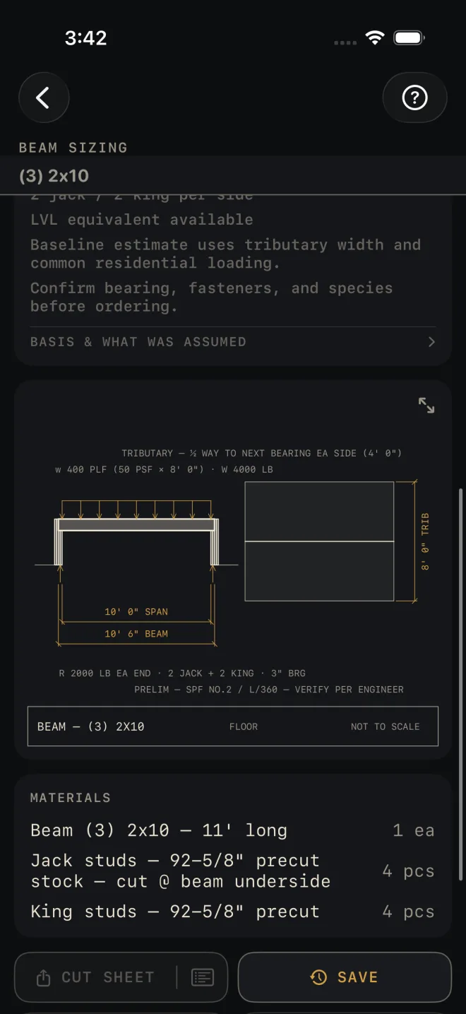 Beam Sizing lower screen: the BASIS & WHAT WAS ASSUMED row, the beam drawing with a 400 PLF load from 50 PSF × 8' 0", 10' 0" SPAN and 10' 6" BEAM, reactions of 2000 LB each end on 2 jack + 2 king with 3" bearing, a tributary plan at 8' 0", a PRELIM line, then MATERIALS listing Beam (3) 2x10 — 11' long 1 ea, Jack studs — 92-5/8" precut stock — cut @ beam underside 4 pcs, King studs — 92-5/8" precut 4 pcs, and a dimmed CUT SHEET with a list icon at its right end, beside a lit SAVE