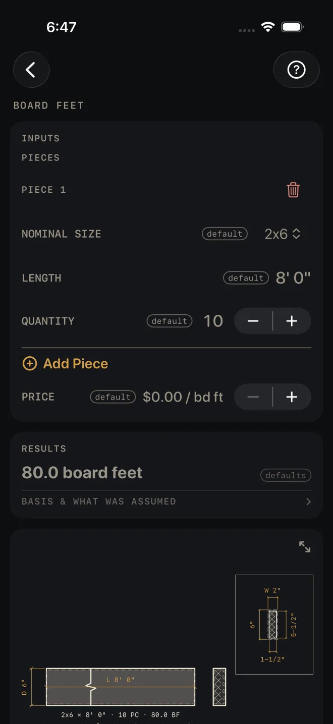 Board Feet inputs: PIECE 1 with NOMINAL SIZE 2x6, LENGTH 8' 0", QUANTITY 10, then Add Piece and PRICE $0.00 / bd ft. Results read 80.0 board feet. The drawing below shows a 2x6 with L 8' 0" and an end section dimensioned 2" by 6" nominal, 1-1/2" by 5-1/2" dressed.