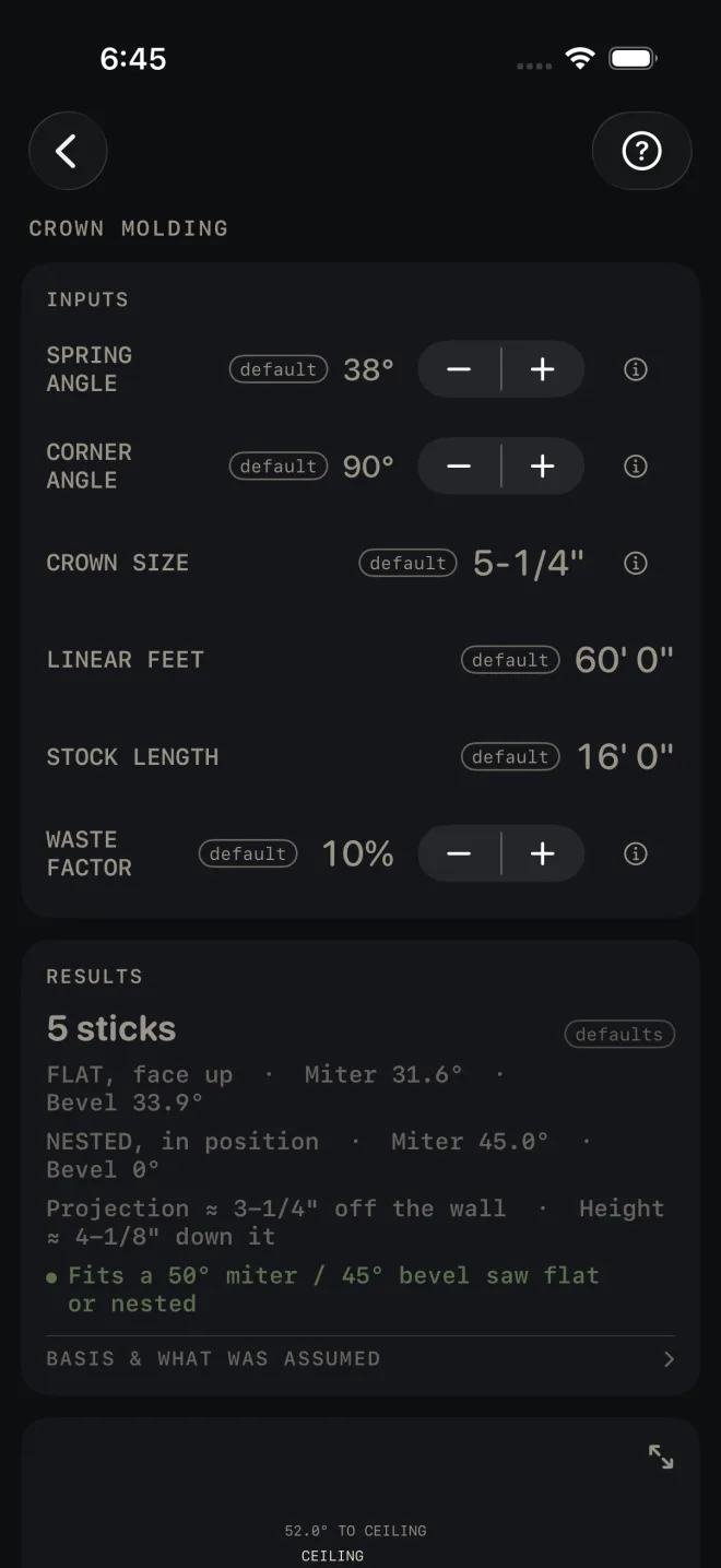 Crown Molding inputs at their defaults: SPRING ANGLE 38 degrees, CORNER ANGLE 90 degrees, CROWN SIZE 5-1/4", LINEAR FEET 60' 0", STOCK LENGTH 16' 0", WASTE FACTOR 10%. The RESULTS card reads 5 sticks, FLAT face up Miter 31.6 degrees Bevel 33.9 degrees, NESTED in position Miter 45.0 degrees Bevel 0 degrees, Projection 3-1/4" off the wall and Height 4-1/8" down it, a green line Fits a 50 degree miter / 45 degree bevel saw flat or nested, and the BASIS & WHAT WAS ASSUMED row.