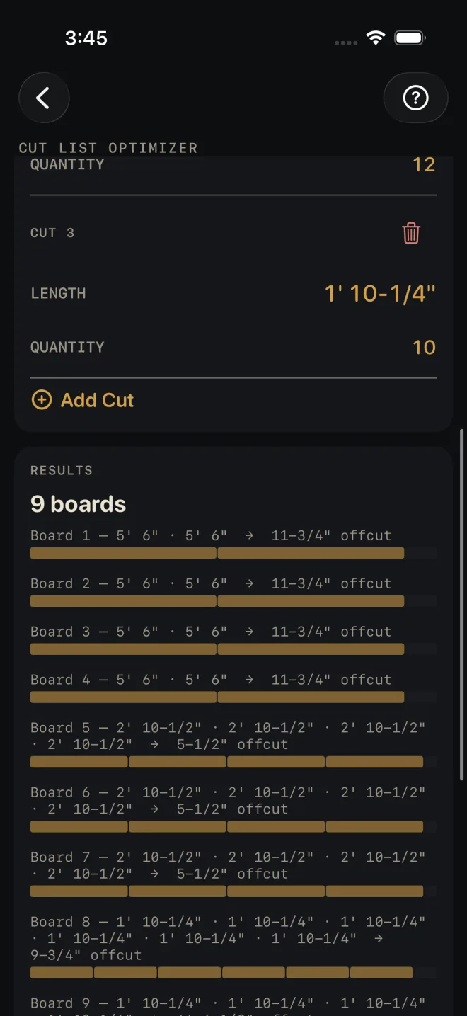 The same job scrolled down: CUT 3 LENGTH 1' 10-1/4" QUANTITY 10, the Add Cut button, then RESULTS 9 boards. Boards 1 to 4 each read 5' 6" · 5' 6" → 11-3/4" offcut. Boards 5 to 7 each hold four parts at 2' 10-1/2" with a 5-1/2" offcut. Board 8 holds six parts at 1' 10-1/4" with a 9-3/4" offcut. Each board has a bar under it.