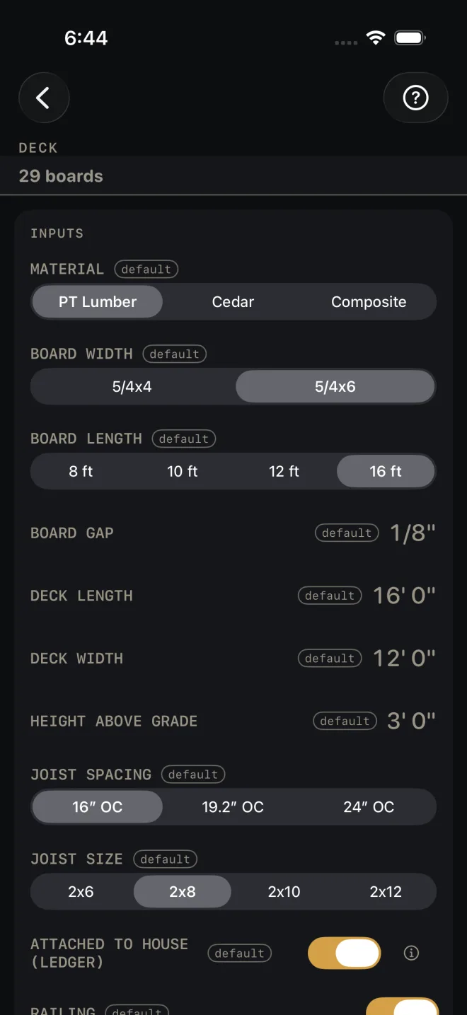 Deck inputs at their defaults: MATERIAL PT Lumber, BOARD WIDTH 5/4x6, BOARD LENGTH 16 ft, BOARD GAP 1/8", DECK LENGTH 16' 0", DECK WIDTH 12' 0", HEIGHT ABOVE GRADE 3' 0", JOIST SPACING 16″ OC, JOIST SIZE 2x8, ATTACHED TO HOUSE (LEDGER) on. A strip at the top reads 29 boards.