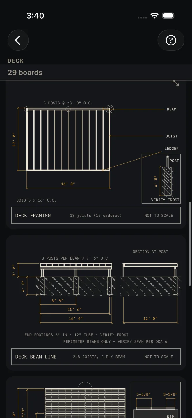 Deck scrolled to the second drawing. The framing plan's title block reads DECK FRAMING, 13 joists (15 ordered). Below it, DECK BEAM LINE: 3 POSTS PER BEAM @ 7' 6" O.C., a 3' 0" height above grade, 4' 0" footings, dimensions 8' 0", 15' 6" and 16' 0" along the beam, a SECTION AT POST 12' 0" wide, and the notes END FOOTINGS 6" IN · 12" TUBE · VERIFY FROST and PERIMETER BEAMS ONLY — VERIFY SPAN PER DCA 6.