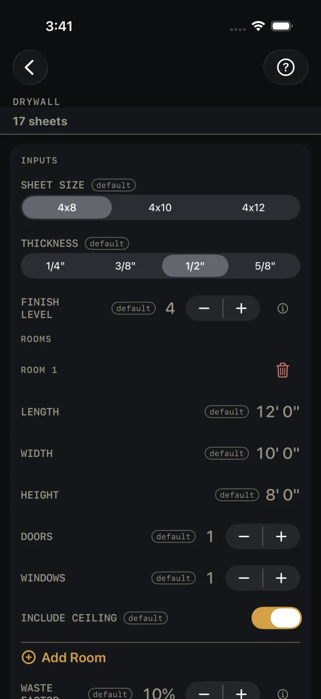Drywall inputs at their defaults: SHEET SIZE 4x8, THICKNESS 1/2 inch, FINISH LEVEL 4, then ROOM 1 with LENGTH 12' 0", WIDTH 10' 0", HEIGHT 8' 0", DOORS 1, WINDOWS 1 and INCLUDE CEILING on. The strip under the title reads 17 sheets.
