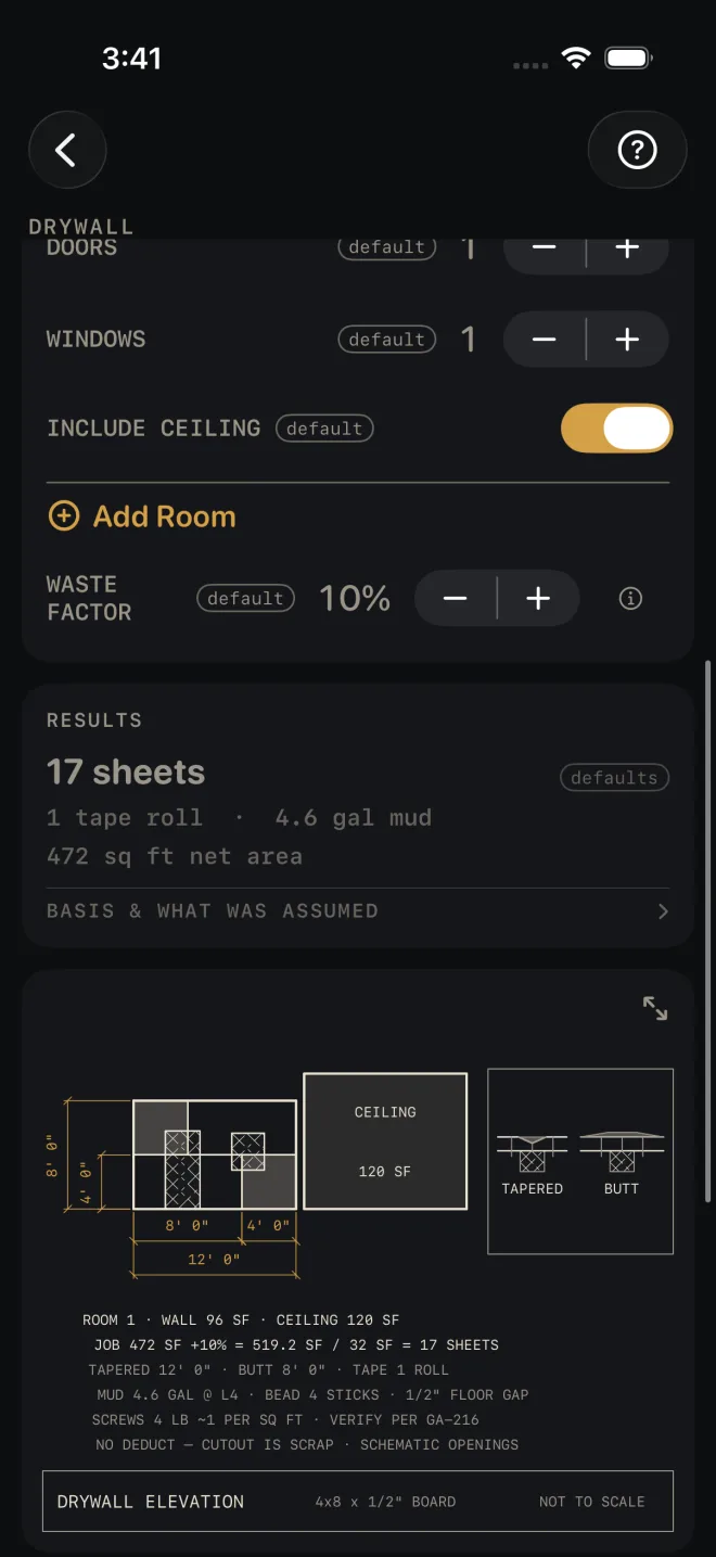 WASTE FACTOR at 10%, then the RESULTS card reading 17 sheets, 1 tape roll, 4.6 gal mud and 472 sq ft net area, with the drywall elevation drawing below it