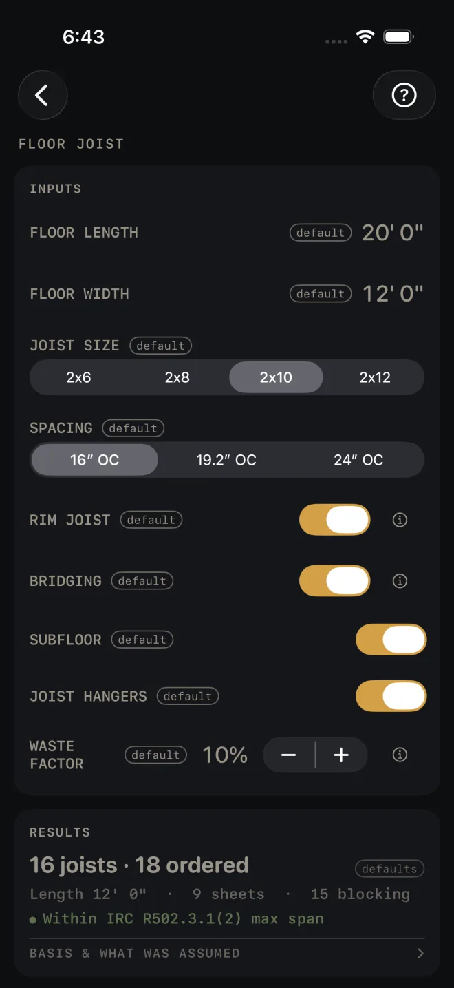 Floor Joist inputs: FLOOR LENGTH 20' 0", FLOOR WIDTH 12' 0", JOIST SIZE 2x10, SPACING 16 inches OC, RIM JOIST, BRIDGING, SUBFLOOR and JOIST HANGERS on, WASTE FACTOR 10%, and the result 16 joists, 18 ordered