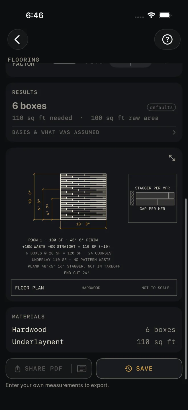 Flooring results: 6 boxes, 110 sq ft needed, 100 sq ft raw area, the BASIS & WHAT WAS ASSUMED row, then the floor plan of room 1 at 10' 0" square with the notes 6 BOXES @ 20 SF = 120 SF, 24 COURSES, and MATERIALS: Hardwood 6 boxes, Underlayment 110 sq ft, above a dimmed SHARE PDF with a list icon at its right end, beside a lit SAVE