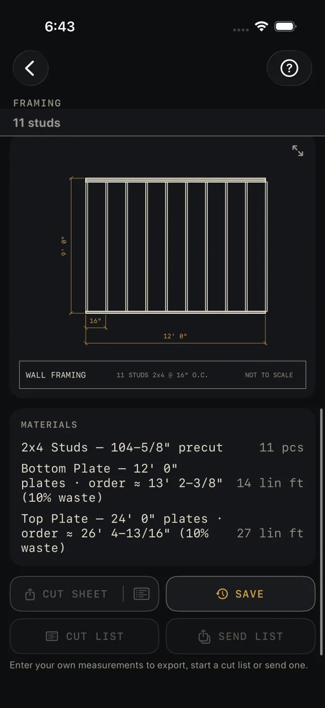 Bottom of the Framing screen on its default inputs: the material list, then a dimmed row of buttons — CUT SHEET with a list icon inside its right end, then CUT LIST and SEND LIST — with SAVE still lit beside them, and the line Enter your own measurements to export, start a cut list or send one.