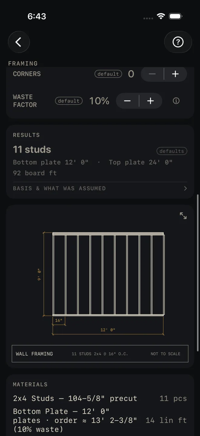 Framing results: 11 studs, bottom plate 12' 0", top plate 24' 0", 92 board ft, the BASIS & WHAT WAS ASSUMED row, and the WALL FRAMING elevation drawing of a 12' 0" by 9' 0" wall with studs at 16"