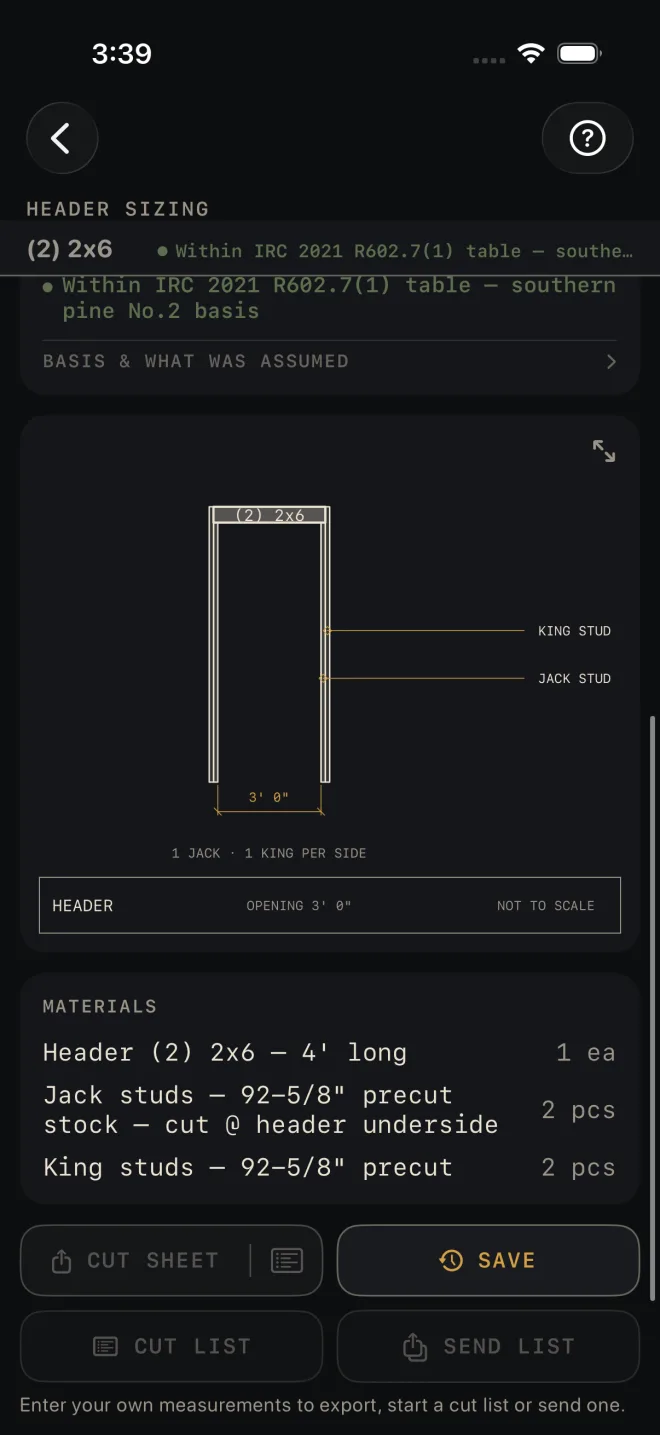Header Sizing lower screen: the BASIS & WHAT WAS ASSUMED row, the HEADER drawing of a 3' 0" opening with a (2) 2x6 header, king stud and jack stud labelled, then MATERIALS listing Header (2) 2x6 1 ea, Jack studs 2 pcs and King studs 2 pcs, and a dimmed CUT SHEET with a list icon at its right end, beside a lit SAVE, above a dimmed CUT LIST and SEND LIST