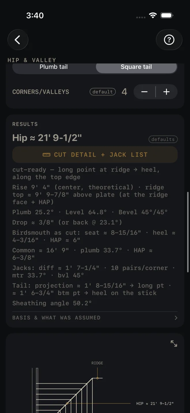 Hip & Valley results: Hip 21' 9-1/2", the CUT DETAIL + JACK LIST button, then lines reading cut-ready, Rise 9' 4" and ridge top 9' 9-7/8" above plate, Plumb 25.2 degrees Level 64.8 degrees Bevel 45/45, Drop 3/8" or back at 23.1 degrees, birdsmouth as cut seat 8-15/16" heel 4-3/16" HAP 6", Common 16' 9" plumb 33.7 degrees HAP 6-3/8", Jacks diff 1' 7-1/4" 10 pairs per corner mtr 33.7 degrees bvl 45 degrees, Tail projection 1' 8-15/16", Sheathing angle 50.2 degrees, and the BASIS & WHAT WAS ASSUMED row