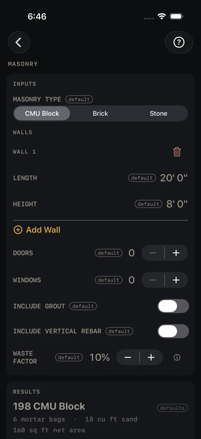 Masonry inputs at their defaults: MASONRY TYPE CMU Block, WALL 1 with LENGTH 20' 0" and HEIGHT 8' 0", Add Wall, DOORS 0, WINDOWS 0, INCLUDE GROUT off, INCLUDE VERTICAL REBAR off, WASTE FACTOR 10%. Results read 198 CMU Block.