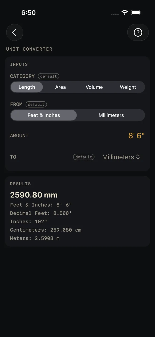 Unit Converter with AMOUNT 8' 6" and TO Millimeters. RESULTS headline 2590.80 mm, then Feet & Inches: 8' 6", Decimal Feet: 8.500', Inches: 102", Centimeters: 259.080 cm, Meters: 2.5908 m.