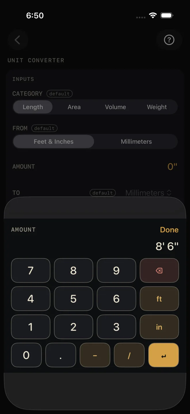 The AMOUNT keypad open over the Unit Converter, with 8' 6" typed above the keys and Done at the top right. The keypad has the digits, a decimal point, ft, in, a dash, a slash, backspace and an enter key.