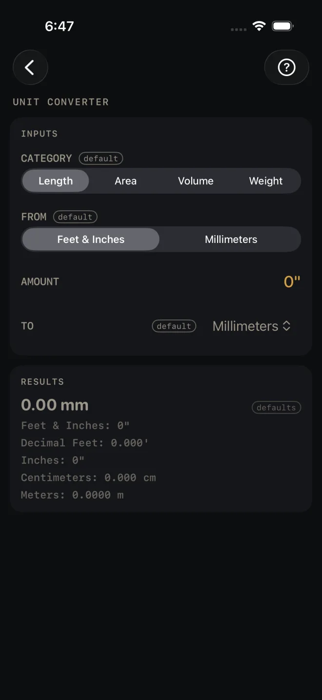 Unit Converter as it opens: CATEGORY Length, FROM Feet & Inches, AMOUNT 0", TO Millimeters. Results read 0.00 mm with a defaults tag, and the other length units listed below it, all zero.