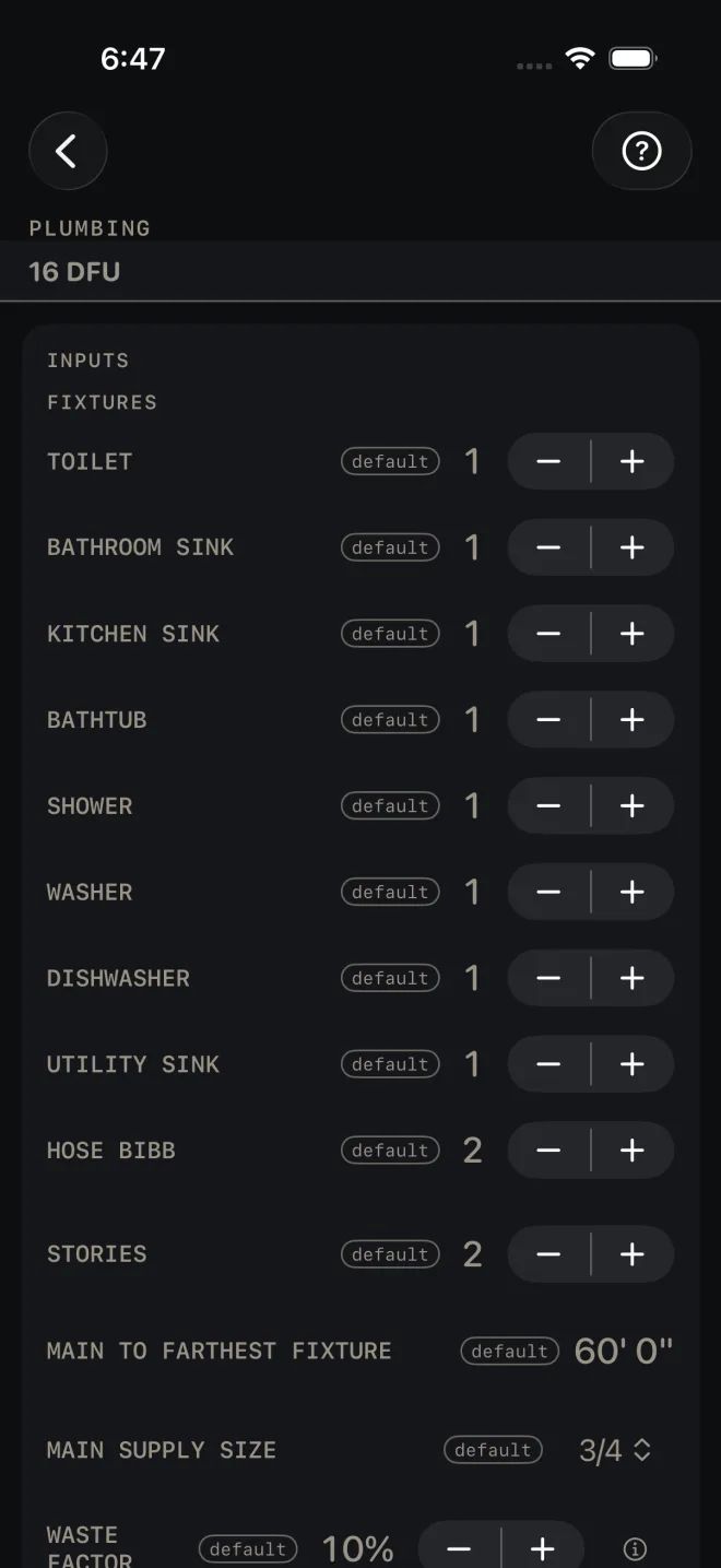 Plumbing inputs: FIXTURES with TOILET 1, BATHROOM SINK 1, KITCHEN SINK 1, BATHTUB 1, SHOWER 1, WASHER 1, DISHWASHER 1, UTILITY SINK 1, HOSE BIBB 2, then STORIES 2, MAIN TO FARTHEST FIXTURE 60' 0", MAIN SUPPLY SIZE 3/4, and WASTE FACTOR 10% on the bottom edge. 16 DFU is pinned under the title.