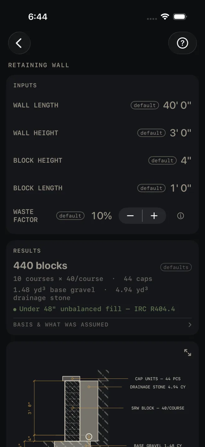 Retaining Wall inputs at their defaults: WALL LENGTH 40' 0", WALL HEIGHT 3' 0", BLOCK HEIGHT 4", BLOCK LENGTH 1' 0", WASTE FACTOR 10%. Results read 440 blocks, 10 courses × 40/course, 44 caps, 1.48 yd³ base gravel, 4.94 yd³ drainage stone, and a green check: Under 48" unbalanced fill — IRC R404.4.