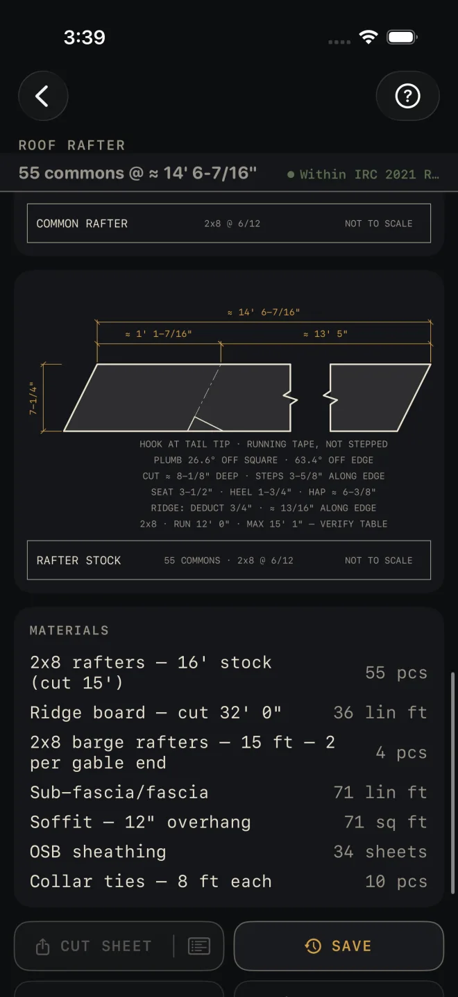The RAFTER STOCK drawing, a 2x8 marked out at ≈ 14' 6-7/16" overall with the birdsmouth ≈ 1' 1-7/16" from the tail, notes giving the plumb angle, seat, heel, HAP and the ridge deduction, then the MATERIALS list and the export buttons