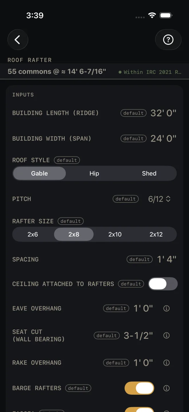Roof Rafter inputs: BUILDING LENGTH (RIDGE) 32' 0", BUILDING WIDTH (SPAN) 24' 0", ROOF STYLE Gable, PITCH 6/12, RAFTER SIZE 2x8, SPACING 1' 4", CEILING ATTACHED TO RAFTERS off, EAVE OVERHANG 1' 0", SEAT CUT (WALL BEARING) 3-1/2", RAKE OVERHANG 1' 0", BARGE RAFTERS on