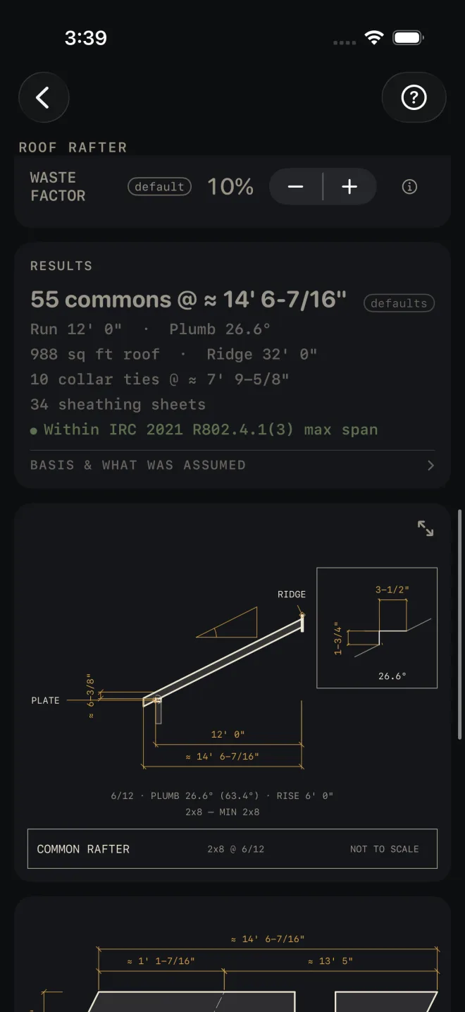 Roof Rafter drawing: a common rafter from PLATE to RIDGE with a 12' 0" run dimension, a boxed birdsmouth detail at the top right, two lines of notes, and a title block reading COMMON RAFTER, 2x8 @ 6/12, NOT TO SCALE