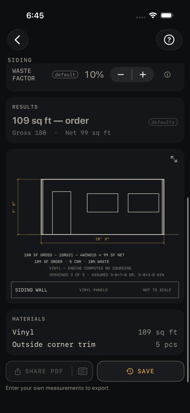 Siding results: 109 sq ft — order, Gross 180, Net 99 sq ft. The drawing shows a 20' 0" by 9' 0" wall with a door and two windows, and the notes 180 SF GROSS − 1DR@21 − 4WIN@15 = 99 SF NET; 109 SF ORDER · 5 CNR · 10% WASTE; VINYL — ENGINE COMPUTES NO COURSING; OPENINGS 3 OF 5 · ASSUMED 3-0×7-0 DR, 5-0×3-0 WIN. MATERIALS lists Vinyl 109 sq ft and Outside corner trim 5 pcs.
