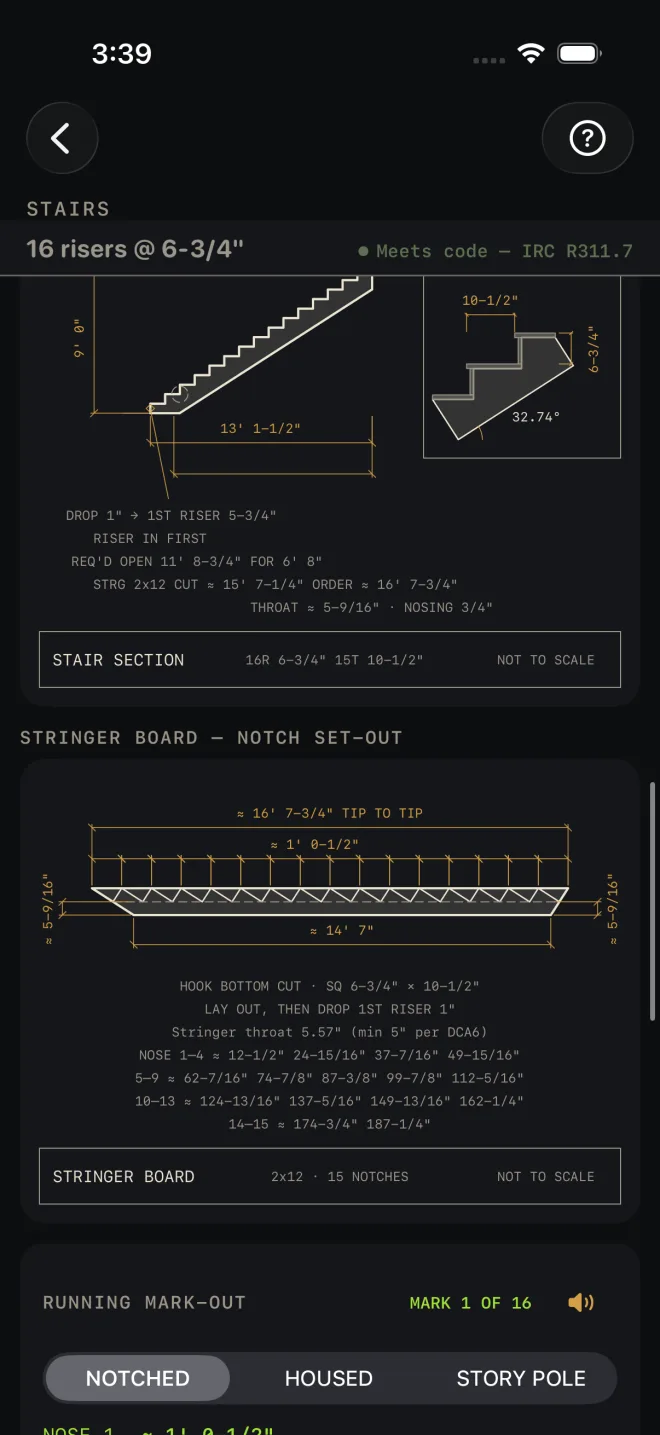 Below the section drawing: the STRINGER BOARD — NOTCH SET-OUT drawing, ≈ 16' 7-3/4" tip to tip with 15 notches on a 2x12, and the RUNNING MARK-OUT card with NOTCHED, HOUSED and STORY POLE tapes