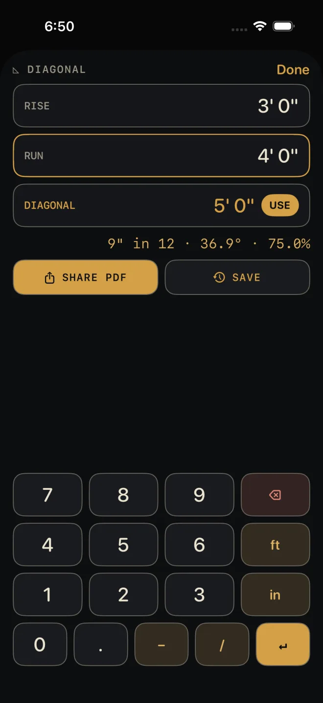 Diagonal sheet with RISE 3' 0" and RUN 4' 0" entered, RUN still outlined in gold. DIAGONAL reads 5' 0" in gold with a USE button. Under the fields: 9" in 12, 36.9 degrees, 75.0%. SHARE PDF and SAVE sit below, then the sheet's keypad.