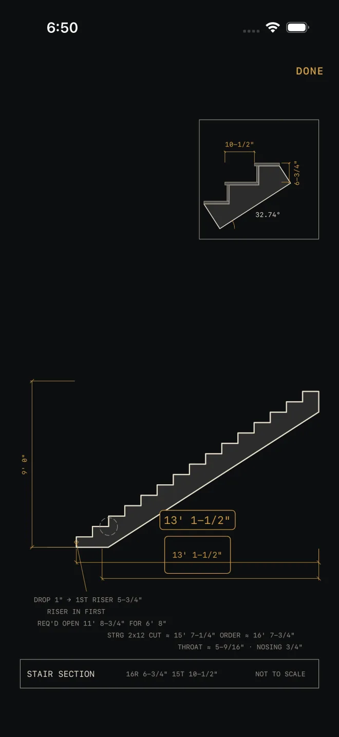 The Stairs drawing full screen with the run dimension tapped: 13' 1-1/2" ringed in gold on the drawing, and the same figure printed larger on a card just above the ring