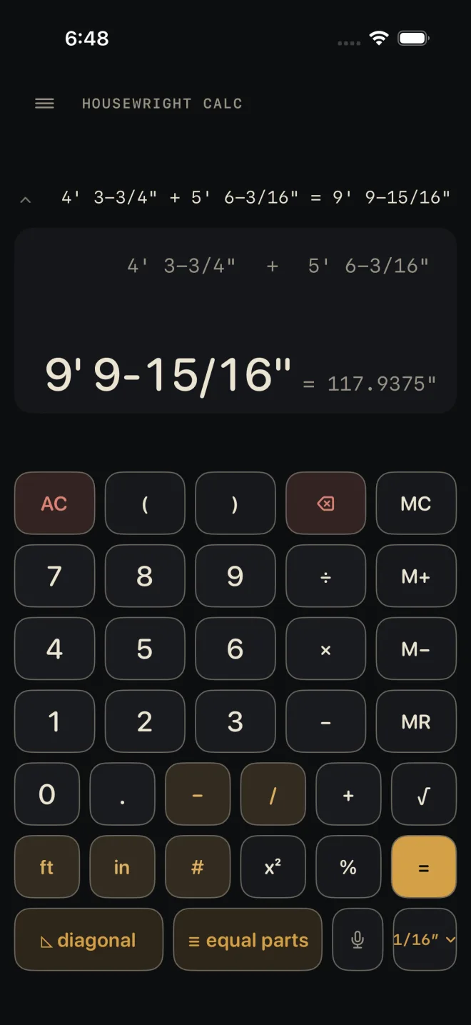 The Dimensional Calculator after 4' 3-3/4" + 5' 6-3/16" =. The tape line and the line above the answer show the sum. The answer reads 9' 9-15/16" with = 117.9375" beside it. Below are the keypad and the bottom row: diagonal, equal parts, the microphone and the 1/16 inch chip.