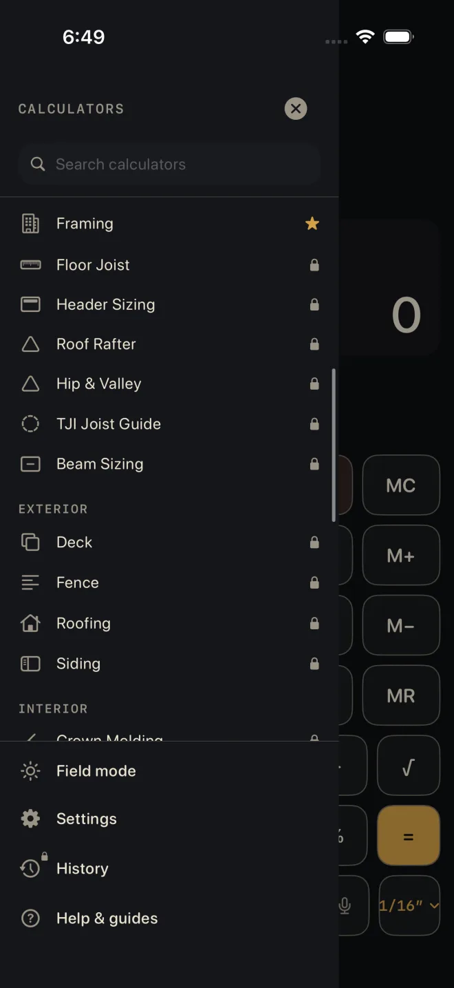 The drawer without Pro, scrolled down through the structural calculators to EXTERIOR, with INTERIOR starting below them. Framing has a gold star and no padlock. Floor Joist, Header Sizing, Roof Rafter, Hip & Valley, TJI Joist Guide, Beam Sizing, Deck, Fence, Roofing and Siding each carry a padlock at the right. At the bottom, the History icon carries a small padlock.