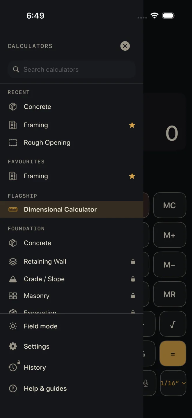 The calculator drawer without Pro. RECENT lists Concrete, Framing with a gold star, and Rough Opening, none with a padlock. FAVOURITES lists Framing. FLAGSHIP lists the Dimensional Calculator on a highlighted row, with no padlock. Under FOUNDATION, Concrete has no padlock, and Retaining Wall, Grade / Slope and Masonry each carry a padlock at the right of the row. At the bottom, the History icon carries a small padlock.