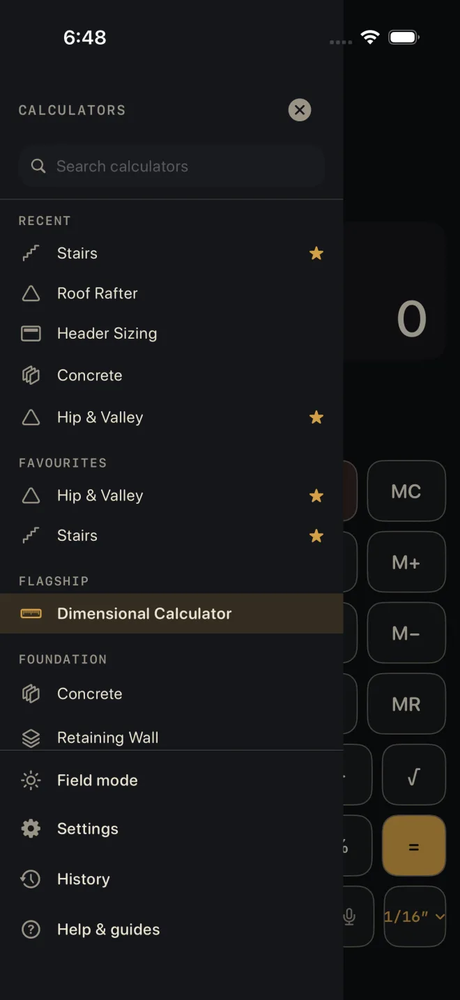 The calculator drawer open. Pinned at the bottom: Field mode, Settings, History, Help & guides.