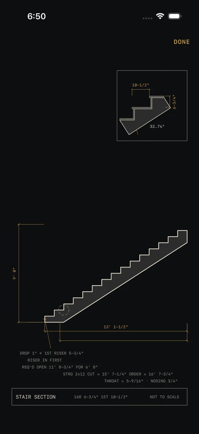 The Stairs drawing on the whole screen: DONE at the top right, the boxed detail of one step reading 10-1/2", 6-3/4" and 32.74°, the stair section dimensioned 9' 0" and 13' 1-1/2", five lines of notes with nothing in red, and a title block reading STAIR SECTION, 16R 6-3/4" 15T 10-1/2", NOT TO SCALE
