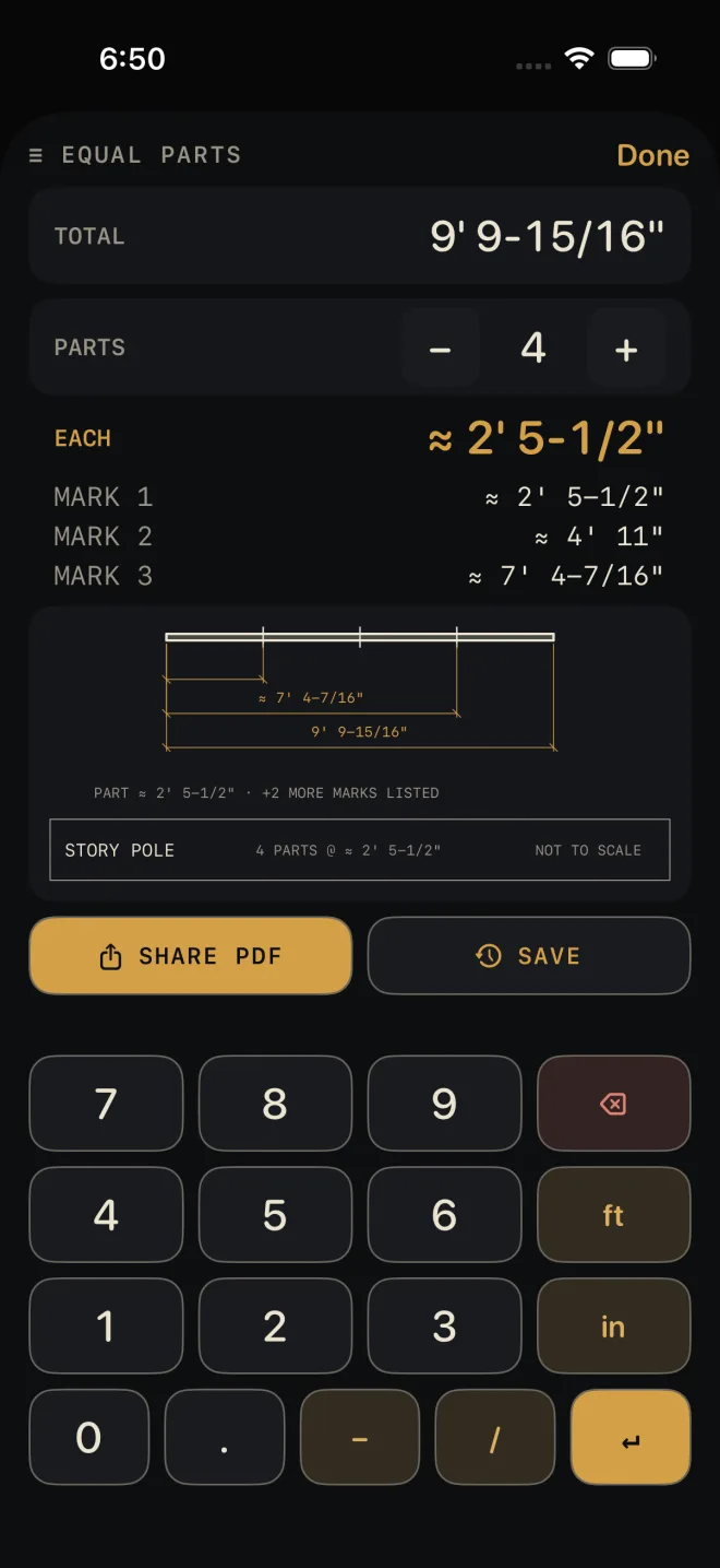 Equal parts sheet. TOTAL 9' 9-15/16", PARTS 4. EACH reads about 2' 5-1/2". MARK 1 about 2' 5-1/2", MARK 2 about 4' 11", MARK 3 about 7' 4-7/16". A short story pole drawing ticked and dimensioned about 7' 4-7/16" and 9' 9-15/16", with PART about 2' 5-1/2" and +2 MORE MARKS LISTED under it, then SHARE PDF and SAVE, then the sheet's keypad.