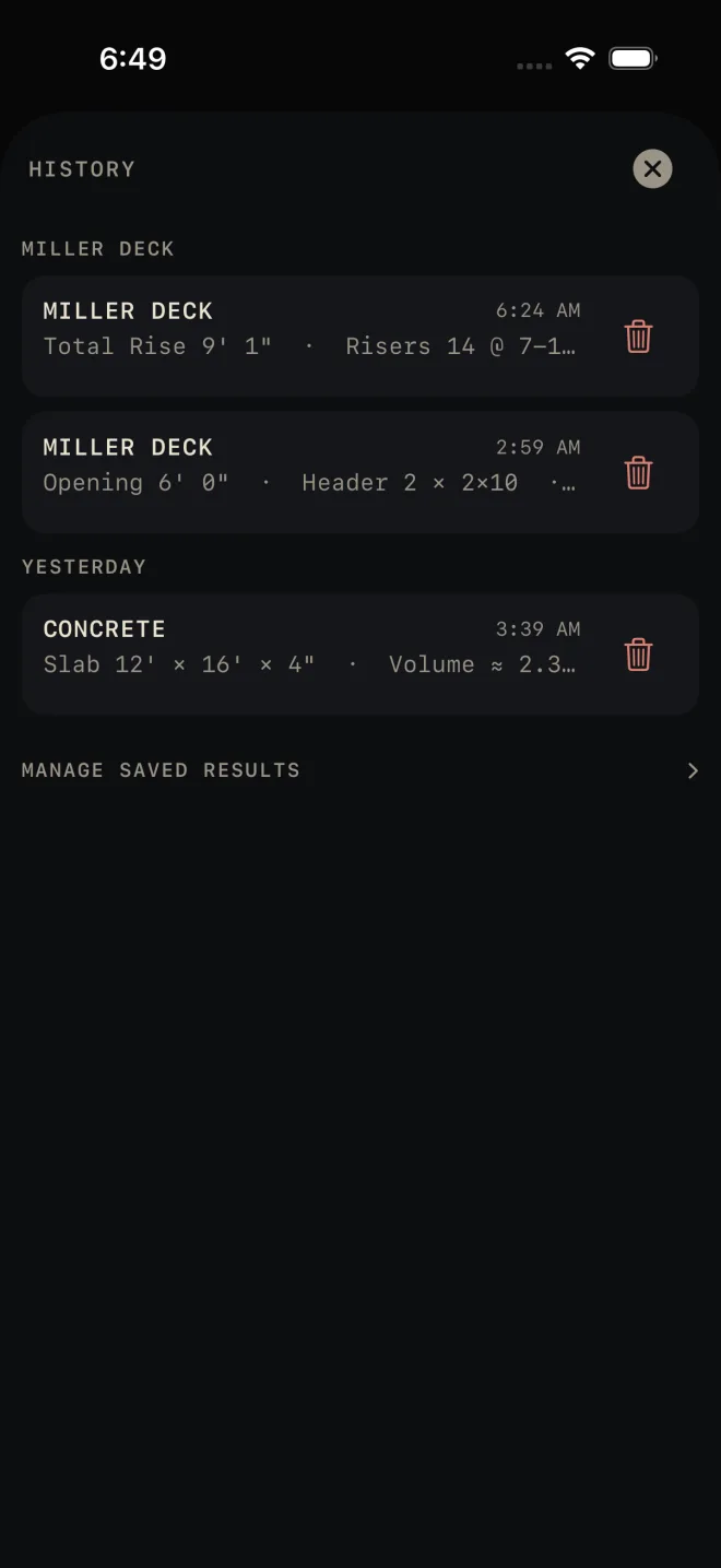 History with a MILLER DECK group holding two results saved at 1:16 AM and 9:51 PM, a SEP 19, 2026 group holding one Concrete result saved at 10:31 PM, a bin on each row, and MANAGE SAVED RESULTS at the bottom