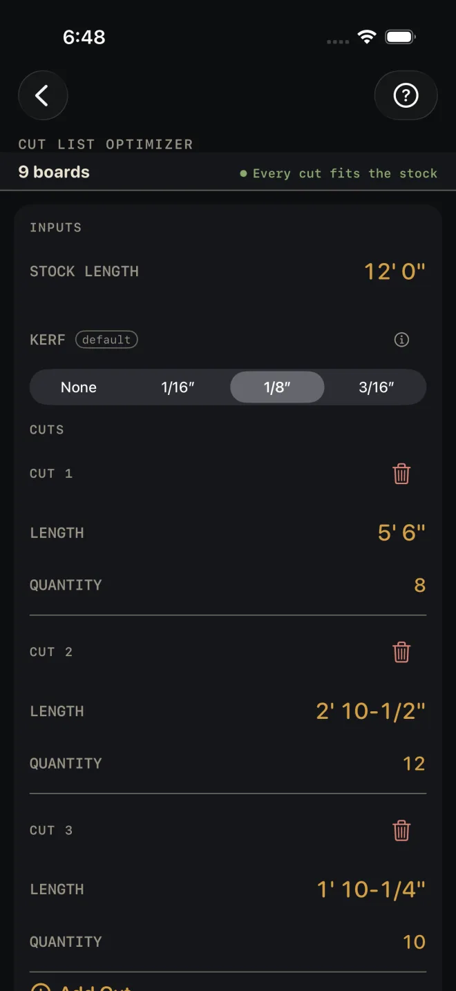 Cut List Optimizer with a job entered: STOCK LENGTH 12' 0", KERF 1/8″ selected from None, 1/16″, 1/8″ and 3/16″, CUT 1 LENGTH 5' 6" QUANTITY 8, CUT 2 LENGTH 2' 10-1/2" QUANTITY 12, CUT 3 LENGTH 1' 10-1/4" QUANTITY 10. Pinned under the title: 9 boards, Every cut fits the stock.